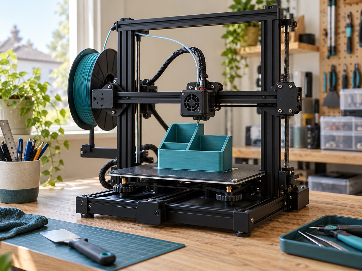Desktop 3D printer creating a teal desk organizer