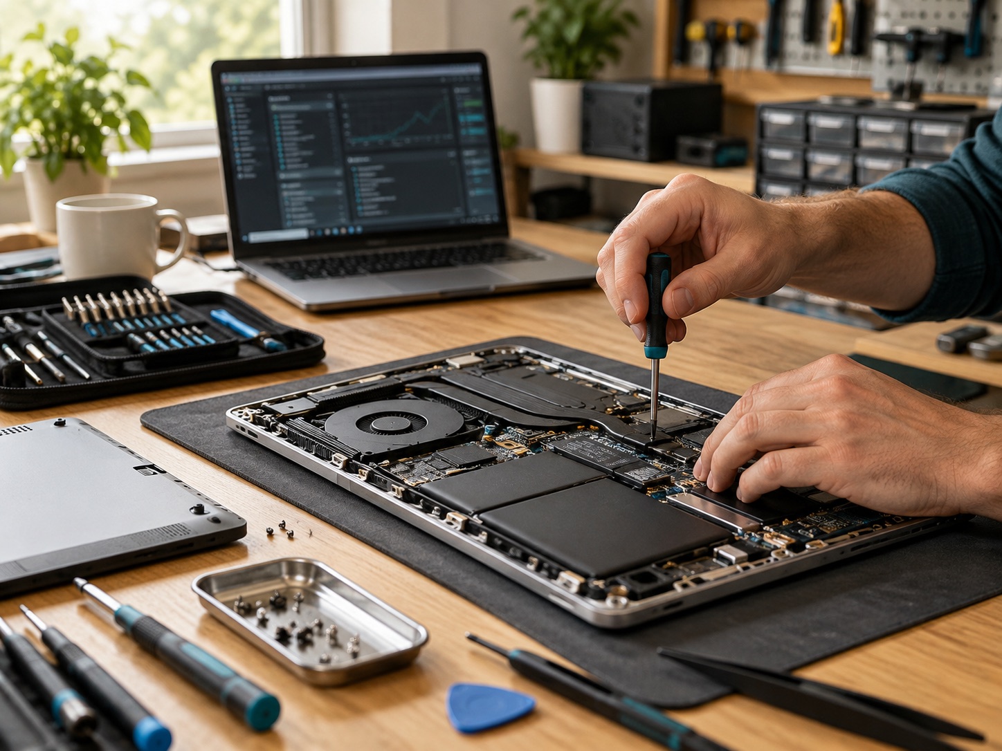 Computer troubleshooting and repair at a tidy workbench